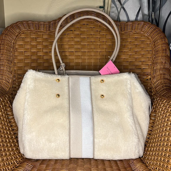 ♠️kate spade Everything Racing Stripe Faux Shearling Fur Large Tote, Cream, NWT - Picture 11 of 16